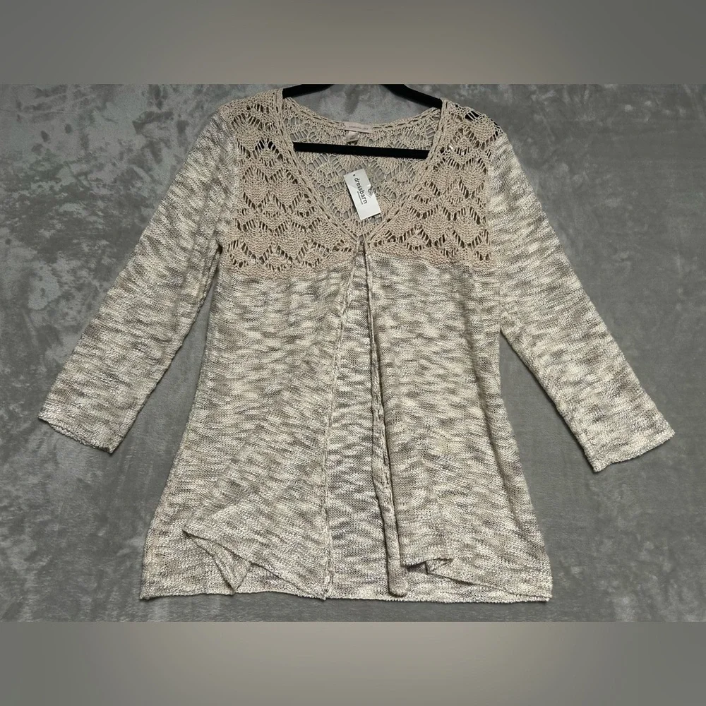 Dressbarn Crochet Knit Open Front Cardigan Women’s Medium Beige Boho Cottagecore